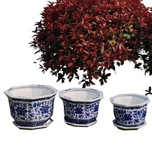Pot de fleurs en céramique de Jingdezhen, porcelaine bleue et blanche, pot octogonal Hibiscus, plateau, balcon, plante verte d'extérieur, fait main, chinois - Product Image 1