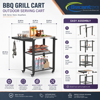 Chariot de service portable pour barbecue avec plateau en acier inoxydable brossé, extension noire et crochets en S