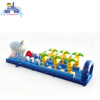 Parcours gonflable commercial Lilytoys sur le thème de l'océan avec palmiers, structure gonflable en PVC de 0,55 mm pour parc aquatique