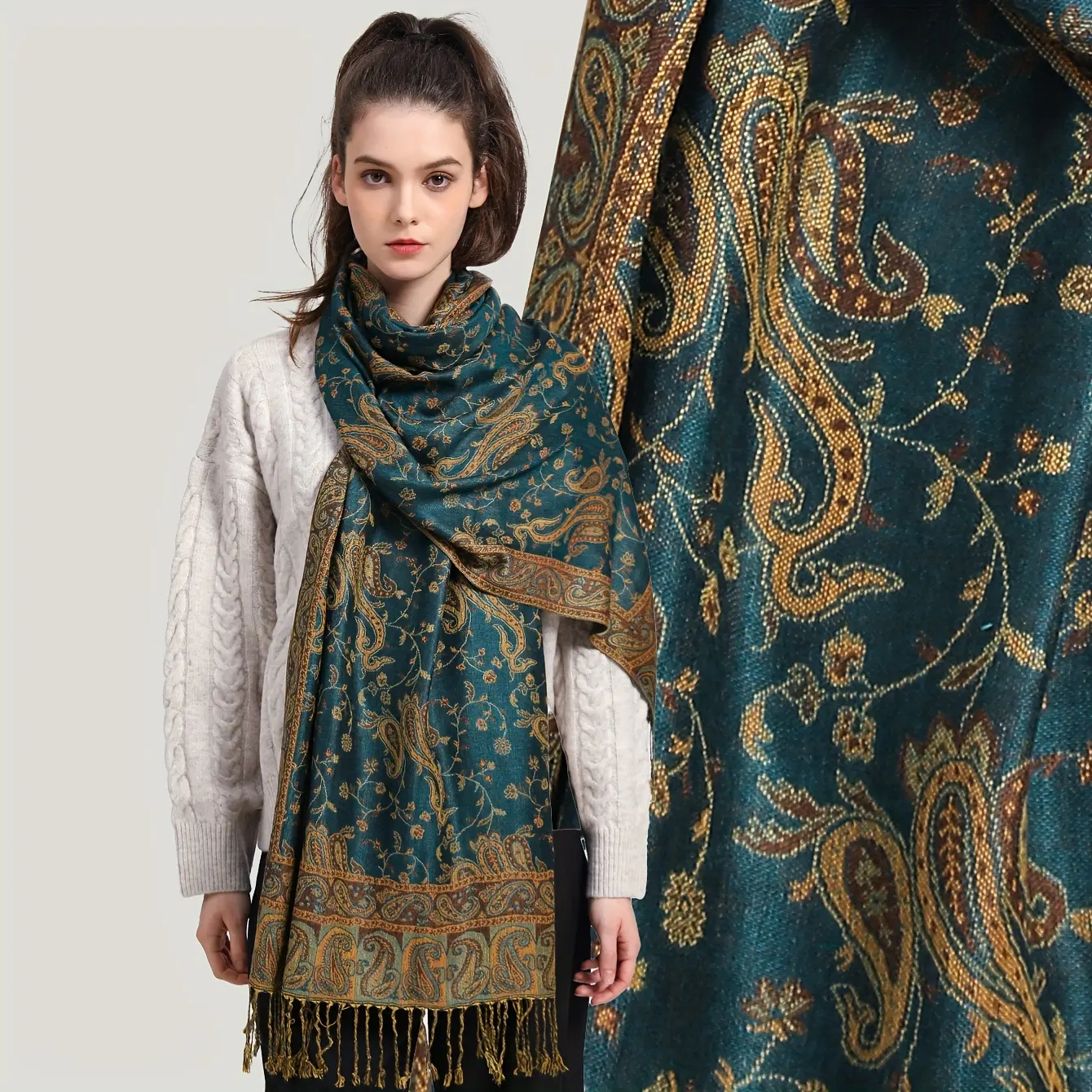 Suave y elegante diseño de lujo Paisley patrón pashmina chal tejido jacquard personalizado pashmina bufanda hijab pañuelo para la cabeza