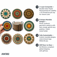 Ensemble de 8 dessous-de-verre bohèmes Mandala |   Contreplaqué peuplier imprimé UV acrylique 2 couches |   Décoration de table de bar ou de cuisine style bohème |   Cadeau personnalisable