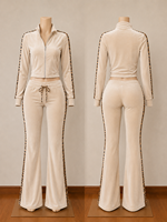 Ensemble de survêtement en velours rayé léopard personnalisé pour femmes, veste zippée et pantalon large, ensemble 2 pièces en velours pour l'hiver, vêtements de détente pour femmes
