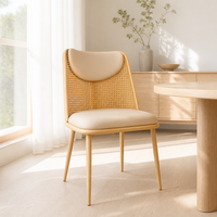Chaise de salle à manger personnalisable en cannage nordique, dossier rembourré crème, pieds en bois veiné, durable, pour la maison, le bureau ou la salle de sport