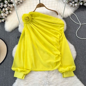 Nouvelle Blouse en Chiffon à Épaules Dénudées pour Femme, Coupe Asymétrique, avec <span class=keywords><strong>Fleurs</strong></span> Tridimensionnelles, Style Doux et Ample - Product Image 6