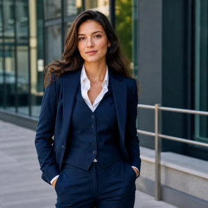 Traje de Tres Piezas Azul Marino a Medida para Mujer, Corte Entallado, Ropa de Oficina con Blazer Estructurado, Chaleco a Juego - Product Image 1