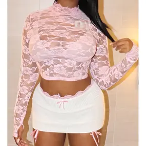 Fall Spring Streetwear Lace Design Sexy See Through Tops T-Shirt Long Sleeve Women Tops Fashionable Shirts