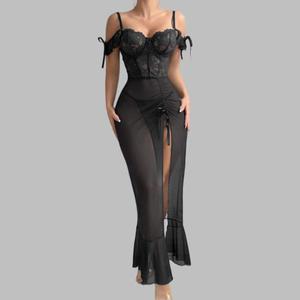 Nouvelle robe de nuit sexy pour femmes, longueur genoux, lingerie, dentelle transparente brodée, pyjama, tissu satiné adorable - Product Image 2
