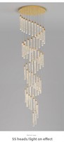 Lustre moderne minimaliste de luxe pour salon duplex à haut plafond, avec escalier rotatif et longue suspension en cristal, lumière tricolore