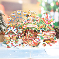 Nouveau Style aquarelle carte pop-up grande roue carrousel moulin à vent bonhomme de neige cadeau arbre de noël joyeux noël 3D cartes de voeux