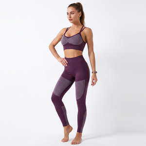 Women's Purple Seamless Yoga 2-Piece Set <b>Criss</b> <b>Cross</b> Back Adjustable Strap Sports Bra Mid Waist Front Anti-Wrinkle Breathable - Product Image 1