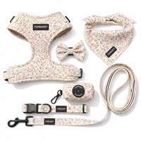 Ensemble de 6 pièces pour animaux de compagnie à motif botanique personnalisé, avec logo sur mesure, comprenant harnais, laisse, collier, bandana, nœud papillon et porte-sac à déjections canines