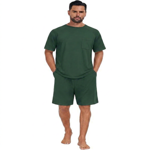 Conjunto de Pijama de Dos Piezas para Hombre, Verano, Casual, 100% Algodón, Tejido de Punto, Color Verde Sólido, Camiseta de Manga Corta y Pantalones Cortos - Product Image 1