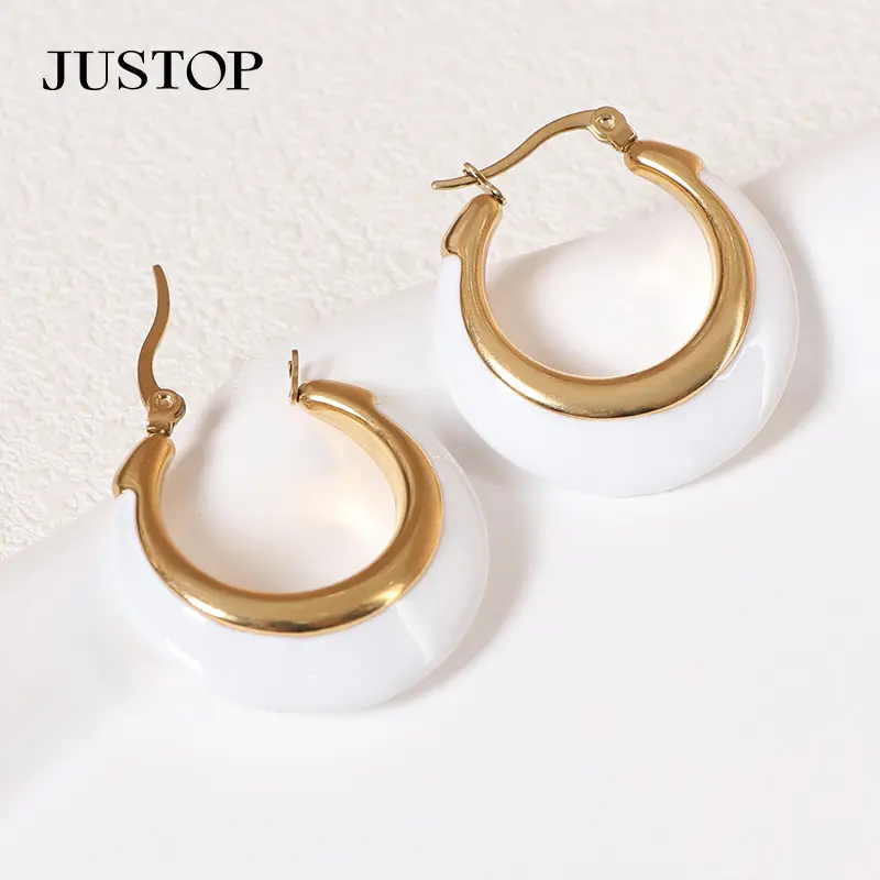 Modische 18k Gold Plattiert Edelstahl-Schmuck Ohrring Geschenk schwarz weiß tropfend Öl Hoop Emaille-Ohrringe für Damen