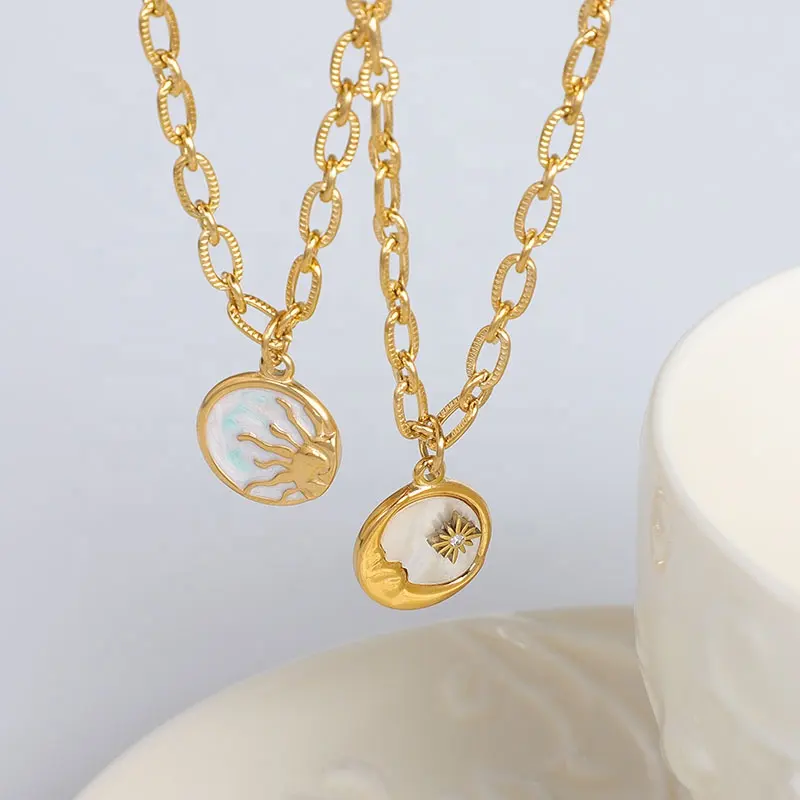 18K Gold Plated Retro Stereo Stainless Steel Vintage 10mm Sun Moon Stars Round abalone White Coin Pendant Necklace with Shell