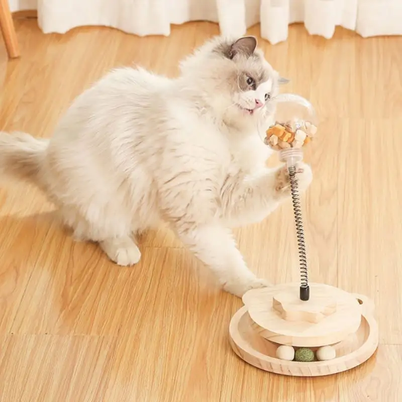 Nueva mesa giratoria de madera maciza, juguetes para gatos, utensilios de comida para mascotas, nuevo rompecabezas, vaso, Bola de fugas para gatos de interior