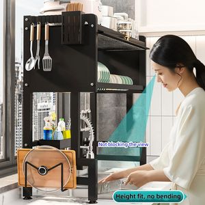 Стеллаж для сушки посуды с пылезащитной дверцей шкафа, двухуровневый большой кухонный шкаф для хранения посуды выдвижной сливатель - Product Image 4