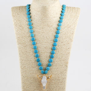 Moda donna bianco Beige perline piatte collana testa di teschio nodo collana pendente corno teschio toro - Product Image 5