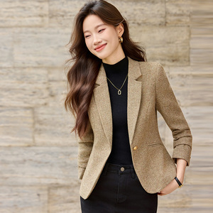 Women's Wool Blazer Khaki Solid Color No-Wrinkle Treatment Professional Commuter Suit Jacket - Product Image 1