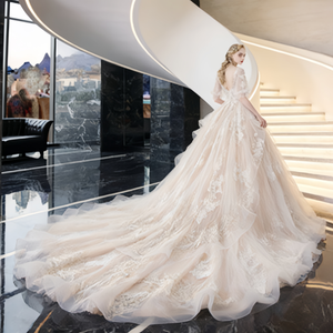 Abito da sposa boho ispirato ad Audrey in taglie forti |   Abito Incantato con Strascico <span class=keywords><strong>Celeste</strong></span> e Scollo a V Profondo - Product Image 6