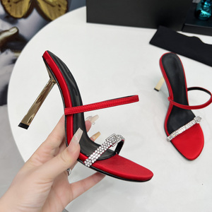 Sandales à talons hauts en soie haut de gamme pour femmes, semelle en cuir véritable, cuir d'agneau doux, chaussures de soirée et de mariage tendance - Product Image 2