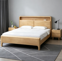 Cadre de lit moderne en chêne massif avec éclairage LED et port de charge USB, tête de lit avec rangement et dossier rigide, lit double pour chambre à coucher, vente en gros