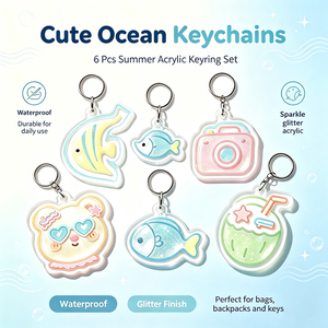 <b>Cute</b> Ocean Acrylic Keychains 6Pcs Summer Cartoon Glitter Waterproof <b>Keyring</b> Set for Bags Backpacks Keys - Product Image 1