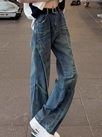 Celana Jeans Denim Cetak Katun 100% Bernapas Gaya Vintage Amerika, Model Hip Hop, Longgar, Kaki Lebar, Musim Panas Musim Dingin, ODM