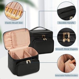 Luxury PU Leather <b>Makeup</b> <b>Case</b> Double Zipper Cosmetic Organizer with Front Pocket & Handle - Product Image 3