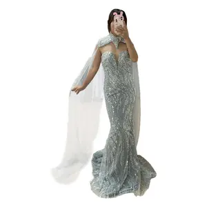 Gaun pesta pernikahan leher V Lengan jubah dapat dilepas cantik gaun malam putri duyung mutiara payet elegan wanita ukuran besar