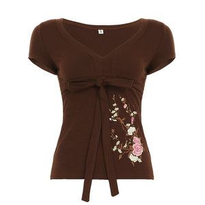 Brown Sexy V-Neck Short Sleeve Women's Top with Floral Embroidery and Front or Back <b>Tie</b> Detail Vintage Style - Product Image 6