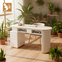 Table de manucure moderne en marbre blanc avec bordure dorée, poste de travail individuel avec tiroirs et étagère pour lampe UV, écologique