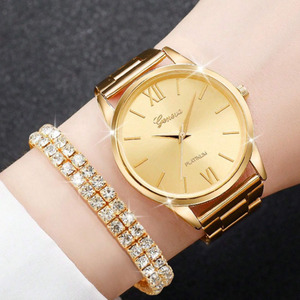 Женские золотые кварцевые часы в деловом стиле с бриллиантами, женские наручные часы с ремешком из нержавеющей стали, 4 браслета, подарочный набор с коробкой - Product Image 2