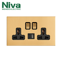 Prise électrique double universelle Niva avec USB Type-C, panneau en acier inoxydable standard UK, interrupteurs muraux et prises domestiques