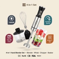 Blender Tangan 1000W 4 in 1 Set, Mixer Stick Profesional dengan Kecepatan Variabel Tanpa Tingkatan, Pengocok Stainless Steel, Chopper, dan Beaker