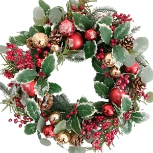 Christmas Wreath Decorative Outdoor Hanging Artificial Leaves Red Berries Pinecone Snow Branch Decorative Christmas Wreath Decor