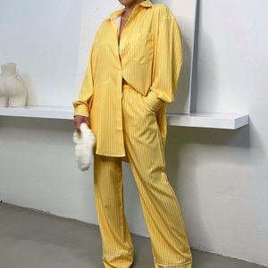 Women's Collared Long-Sleeved Shirt With Elastic Waist and Striped Pant Legs, 2-Piece <b>Set</b> Fashion - Product Image 1