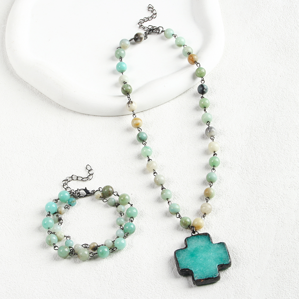 2025 Retro Ethnic Women Jewelry 8mm Natural Stone Short Chain Necklace Cross Pendant, 2 Layer Chain Bracelet Jewelry Set