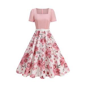 Abito Vintage da Donna con Colletto Quadrato, Elegante Stile Hepburn, Stampa Floreale a Pois, con Cintura, Lunghezza <span class=keywords><strong>Midi</strong></span> per l'Estate e il Tempo Libero - Product Image 1