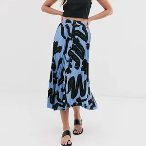 Custom High Quality Elegant Printed Silk Satin A-line Pleated Long Skirts For Women