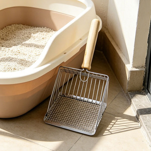 Stainless Steel Cat Litter Scoop With Wooden Handle Fine Mesh Rectangle Shape For Tofu Litter - Product Image 1
