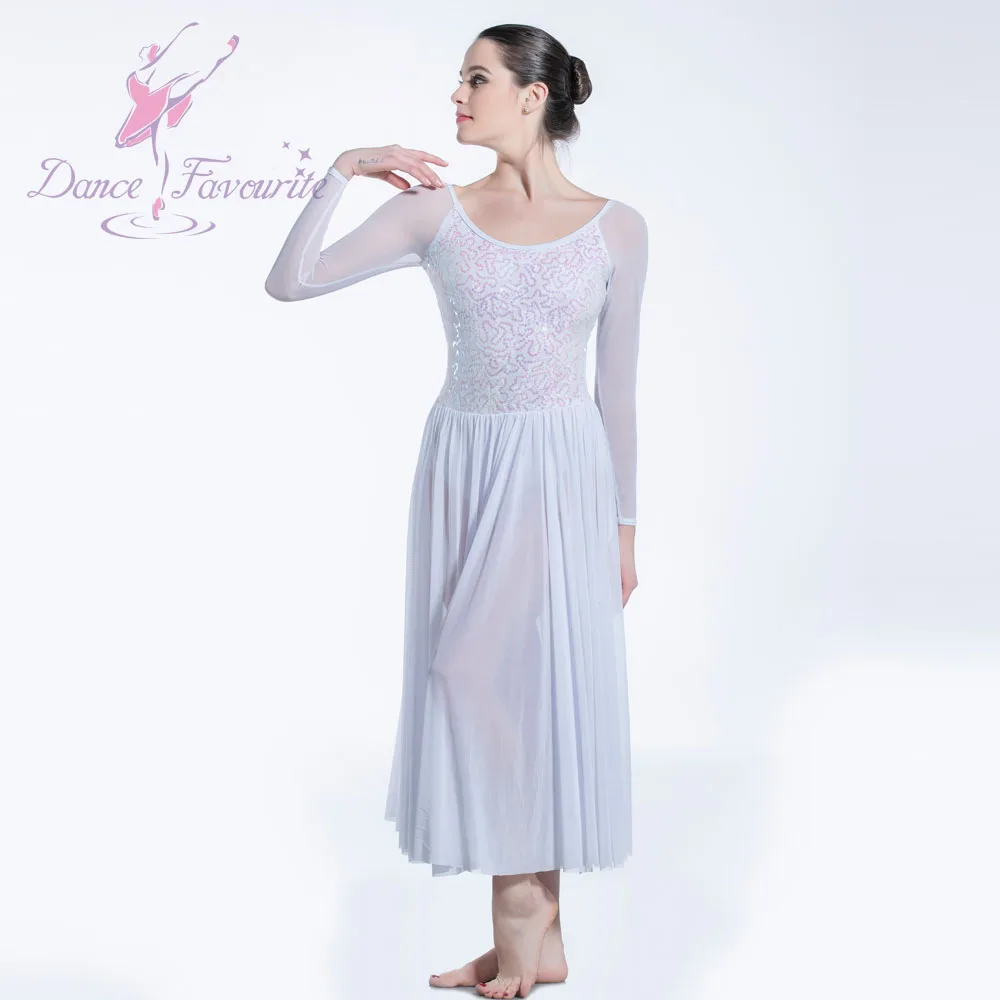 Long Sleeve White Ballet Dress for Lyrical & Contemporary Dance Performance  - Ideal Stage Wear for Girls