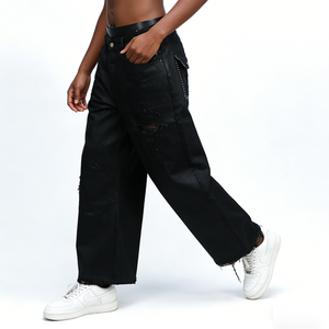 <span class=keywords><strong>Jeans</strong></span> Cerati Neri Casual alla Moda Personalizzati, Vestibilità Ampia, Alta Qualità, Gamba Larga, Orlo Grezzo per Uomo - Product Image 6