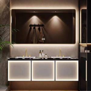 Meuble de salle de bain en bois massif avec lavabo en céramique, miroir intelligent et panneau mural en pierre, personnalisé pour hôtels de luxe haut de gamme - Product Image 4
