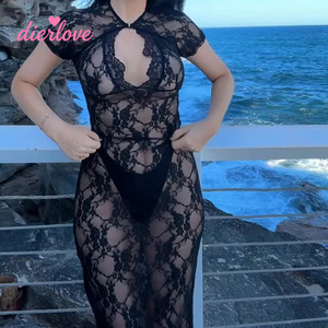 Chemise de nuit noire transparente en dentelle florale, maille ajourée, coupe haute, une pièce, sexy, lingerie intime pour femme, body - Product Image 1