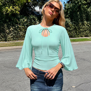 Blusa Corta de Mujer con Mangas Acampanadas y Cordones, Detalle de Malla Transparente, Lazo Frontal, Ajuste Ceñido, Manga Larga, Elegante, Sexy, Casual - Product Image 1