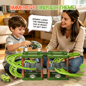 JUNRONG Ensemble de voies de circulation pour voitures dinosaures, <span class=keywords><strong>garage</strong></span> de stationnement à 3 niveaux avec voitures dinosaures électriques, lumières LED, ensemble de jeu pour enfants, à partir de 3 ans - Product Image 2