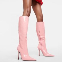 Bottes pour femmes rouges à talon aiguille, hauteur genou, été/hiver, tige en PU, talon super haut 8 cm+, semelle en caoutchouc antidérapante, à enfiler, respirantes