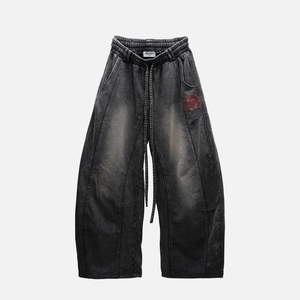 กางเกงยีนส์ทรงหลวมสีน้ำตาลเข้มแบบ Crosshair Washed ผ้าเดนิม 100% ขากว้าง มีเชือกผูก เอวสม็อค สไตล์สตรีทแวร์สำหรับผู้ชาย - Product Image 1