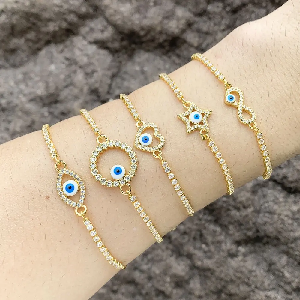 Exquisita pulsera de cadena de tenis ajustable de ojo del diablo para mujer, cadena de diamantes chapada en oro de 18K, pulseras hechas a mano con ojos malvados