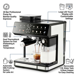 เครื่องชงกาแฟอัจฉริยะทันสมัยแบบ Bean-to-Cup พร้อมการตั้งค่าการบด 20 ระดับ และการสกัดร้อน/เย็น - ของขวัญคริสต์มาสสำหรับบาริสต้าที่บ้าน ชุดการบด 20 ระดับ - Product Image 1